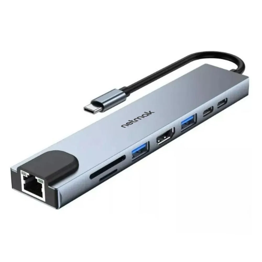 NETMAK HUB 8 EN 1 USB TIPO C NM-8EN1 (2xTIPO C/HDMI/MICROSD/SD/2xUSB/RJ45)